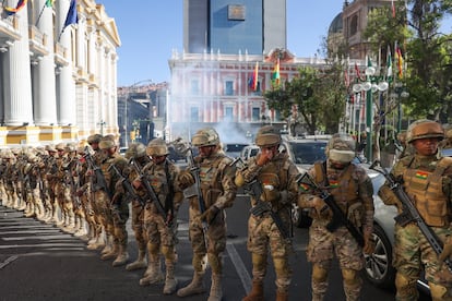 This June 26, military personnel gathered in front of the Bolivian government headquarters during an attempted coup in the country's capital.