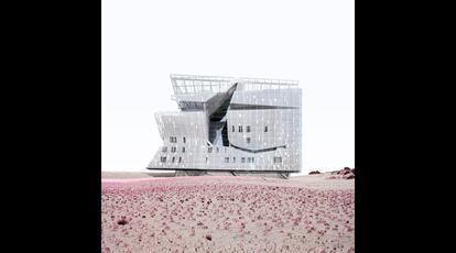 Uno de los edificios del campus Cooper Union, de Thom Mayne, de 2009. El vasto desierto con vegetación rosa reemplaza el East Village.