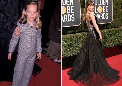 Que tu madre sea Melanie Griffith y tu padre Don Johnson augura una vida de alfombras rojas. Una pequeña (e irreconocible) Dakota Johnson lucía hasta bolso en los estrenos de películas como Esfera en 1998.