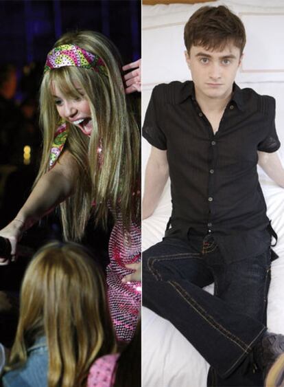 Miley Cyrus, en un fotograma de la película <i>Hannah Montana,</i> y Daniel Radcliffe.