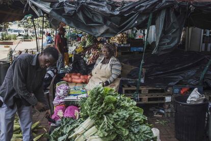 Sudáfrica. La propietaria de un puesto de verduras espera clientes en el mercado al aire libre de Kliptown, en Soweto, el 24 de marzo de 2020. El presidente sudafricano, Cyril Ramaphosa, ha impuesto un periodo de 21 días de cuarentena en el país para contener la expansión del coronavirus COVID-19. La medida, necesaria, perjudica a las personas con trabajos informales que ganan su sustento día a día. También pidió al país que no se entregase a la acumulación de existencias antes del cierre, ya que tendría un efecto negativo en la cadena de suministro general del país.