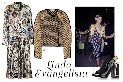 Maridaje de estampados con Linda Evangelista: 1. Vestido estampado de Topshop Unique (325 euros). 2. Chaqueta de Kenzo (c.p.v). 3. Zapatos de Kenzo (c.p.v).