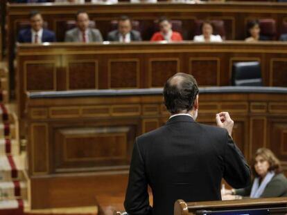 Mariano Rajoy, se dirige a los bancos de la oposici&oacute;n, durante una sesi&oacute;n del Congreso