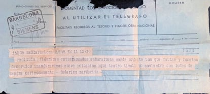 Telegrama firmado por Lorca y Margarita Xirgú dirigido a José Caballero.