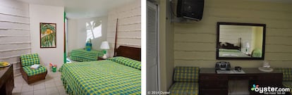 El tapizado de esta habitación de 'resort' caribeño cobra una nueva vida en la imagen del folleto. Además de limpiar el sillón y levantar los colores, el fotógrafo se ha molestado en ocultar cables y pequeños electrodomésticos.