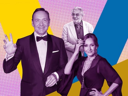 'Collage' con imágenes de Kevin Spacey, Plácido Domingo y J. K. Rowling, tres figuras que se han visto inmersas en debates sobre la cultura de la cancelación.