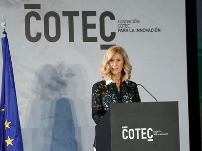 La presidenta de Cotec, Cristina Garmendia, interviene en la presentación del Anuario 2023 de la Fundación Cotec, este miércoles en Madrid.
