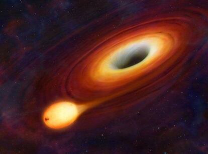 Ilustraci&oacute;n de un agujero negro capturando una estrella.