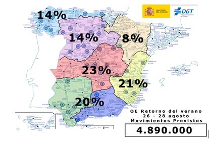 Mapa de la DGT con el porcentaje de desplazamientos que se espera este fin de semana en distintas zonas del país.