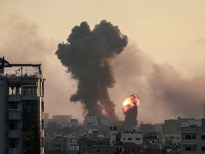 Smoke and flame rise following an Israeli airstrike in Gaza on November 2, 2023.
