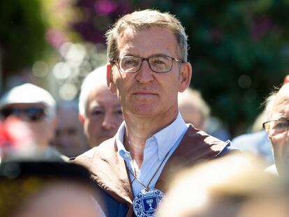 El presidente del PP, Alberto Núñez Feijóo, este domingo en la Fiesta del Albariño en Cambados (Pontevedra).