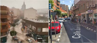 La calle Juan de la Cierva de Arganda del Rey, una de las más afectadas por la riada, en uno de los vídeos más virales de la jornada de tormentas y en comparación a la vista en Google Maps.