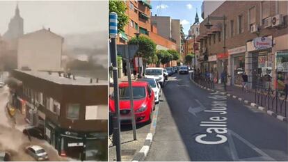 La calle Juan de la Cierva de Arganda del Rey, una de las más afectadas por la riada, en uno de los vídeos más virales de la jornada de tormentas y en comparación a la vista en Google Maps.