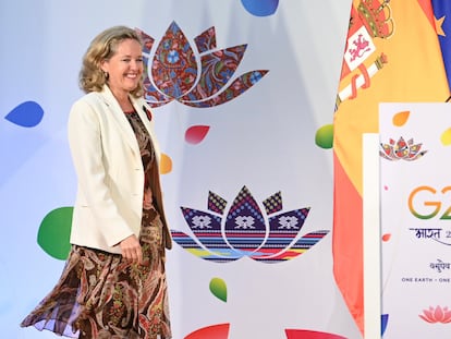 Nadia Calviño, este domingo durante la cumbre del G-20 en Nueva Delhi (India).