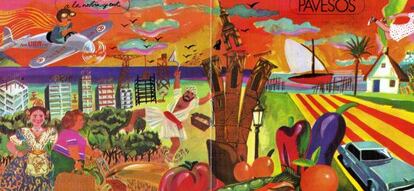 Ilustración de un disco del grupo Pavesos, obra de Rafa Gassent, en la que aparece representado Rafael Gallart (como el piloto de la avioneta).