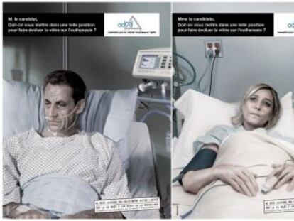 Los carteles que muestran a los tres candidatos presidenciales franceses que se oponen a la eutanasia.