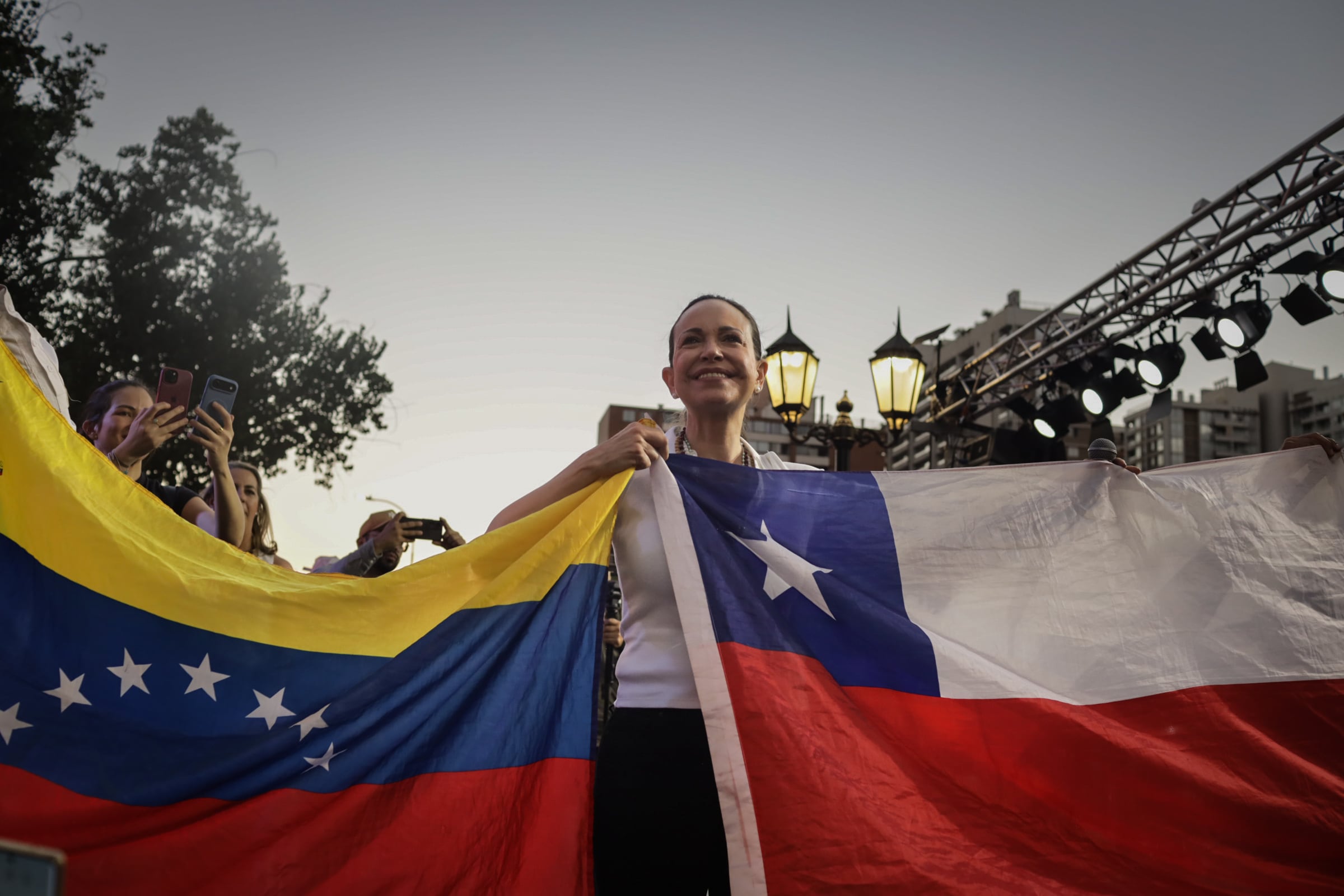 12/03/2026.- La opositora venezolana y Premio Nobel de la Paz, María Corina Machado, se reúne con venezolanos en Chile, el 12 de marzo de 2026.
