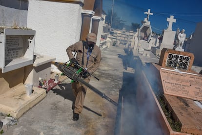 Vectores de la secretaria de salud fumigan un cementerio para eliminar larvas de mosquitos que transmiten el dengue, en Campeche, en octubre de 2022.