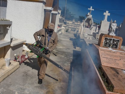 Vectores de la secretaria de salud fumigan un cementerio para eliminar larvas de mosquitos que transmiten el dengue, en Campeche, en octubre de 2022.