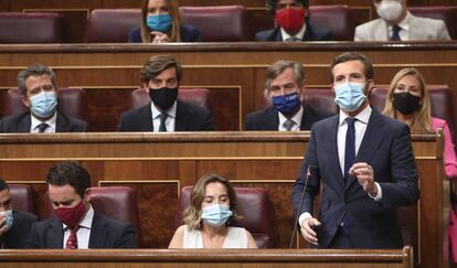 El presidente del PP, Pablo Casado, durante una sesión de control al Gobierno en el Congreso.