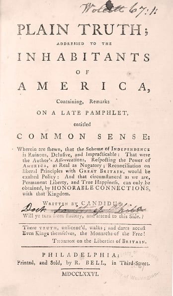 Primera página de la edición original de 'El sentido común', de Thomas Paine, publicada en Filadelfia en enero de 1776.