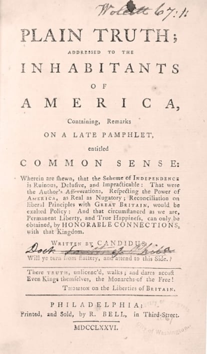 Primera página de la edición original de 'El sentido común', de Thomas Paine, publicada en Filadelfia en enero de 1776.
