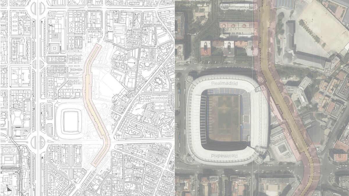 Planos de dónde se construirán los nuevos parkings junto al estadio Santiago Bernabéu, en Madrid. 