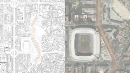 Planos de dónde se construirán los nuevos parkings junto al estadio Santiago Bernabéu, en Madrid. 