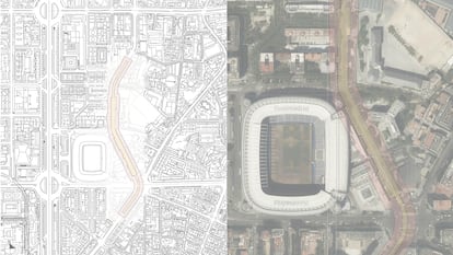 Planos de dónde se construirán los nuevos parkings junto al estadio Santiago Bernabéu, en Madrid.