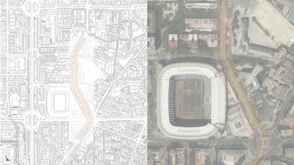 Planos de dónde se construirán los nuevos parkings junto al estadio Santiago Bernabéu, en Madrid. 