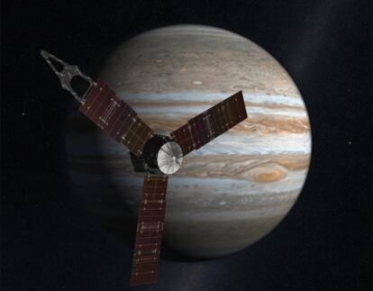 Ilustración de la sonda scientífica automática <i>Juno</i> sobre una imagen de Júpiter.