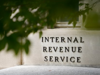 A sign is displayed outside the Internal Revenue Service building on May 4, 2021, in Washington.