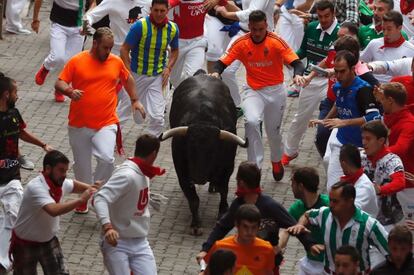  Varios mozos corren ante un toro en el quinto encierro de los Sanfermines.