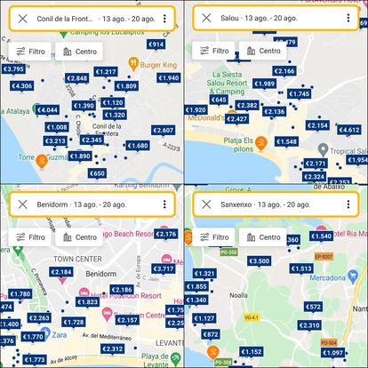Precios en Booking en temporada alta en varias ciudades turísticas españolas, a 9 de junio.