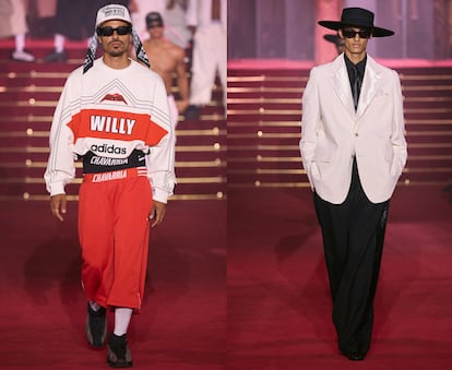 Dos modelos del desfile de Willy Chavarria. A la izda., parte de su colaboración con Adidas.