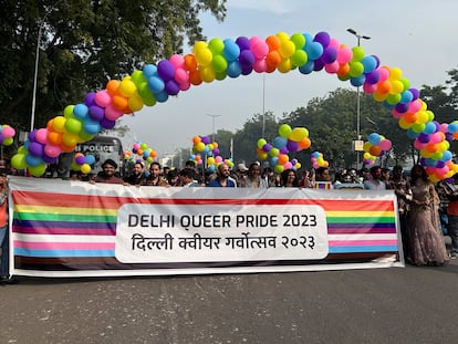 Participants of the Delhi Queer Pride Parade carry a banner during the march in New Delhi, India, Sunday, Nov. 26, 2023