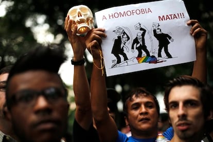 Men take part in a protest against the recent death of 17-year-old Kaique Augusto Batista dos Santos, in Sao Paulo