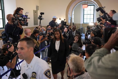 New York Attorney General Letitia James arrives at the trial.