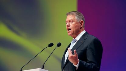 Romania's President Klaus Iohannis delivers his speech during the second plenary session of the European People's Party Congress in Bucharest, Romania, March 7, 2024.