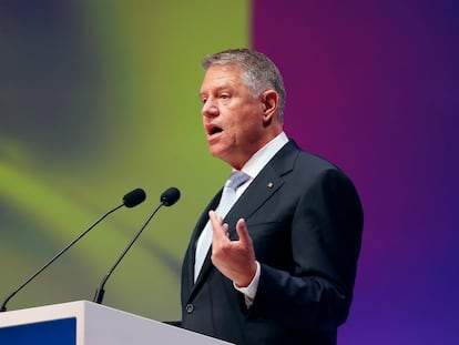 Romania's President Klaus Iohannis delivers his speech during the second plenary session of the European People's Party Congress in Bucharest, Romania, March 7, 2024.