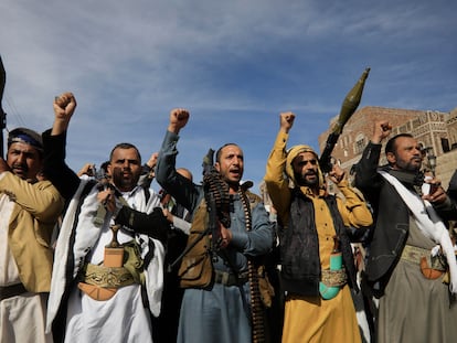 Houthis during a protest in support of the Palestinian people, in the Yemeni capital Sana'a, on February 28.