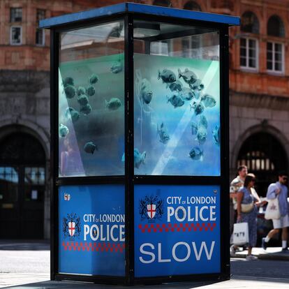 London (United Kingdom), 11/08/2024.- An artwork by Britain-based street artist Banksy on an old police sentry box in the City of London in London, Britain, 11 August 2024. It is the seventh animal artwork claimed by the artist in the past week. Banksy has claimed one art piece a day for seven days, posting a photo at 1pm local time on social media every day. (Reino Unido, Londres) EFE/EPA/ANDY RAIN