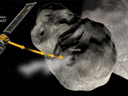 La sonda DART frente a Dídimo, una roca de 780 metros de diámetro, y su pequeña luna Dimorfo.