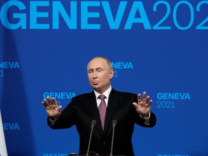 El presidente ruso, Vladímir Putin, durante la rueda de prensa tras su encuentro con el presidente de Estados Unidos Joe Biden en Ginebra el miércoles.