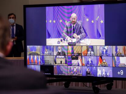 El presidente del Consejo Europeo, Charles Michel, en la videoconferencia que se celebró este jueves sobre la covid-19 en Bruselas.