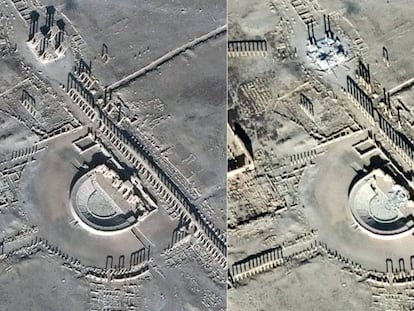 Imagens por satélite do teatro romano e do Tetrapylon de Palmira em 26 de dezembro de 2016 (E) e 10 de janeiro passado (D).
