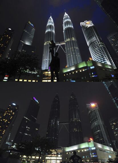 Las Torres Petronas de Kuala Lumpur (Malasia), antes y después de apagar las luces.