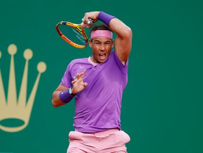 Rafael Nadal of Spain follows his shot to Andrey Rublev of Russia during their quarterfinal match of the Monte Carlo Tennis Masters tournament in Monaco, on April 16, 2021.
