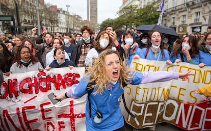 Medical students demonstrate against pension reform during the March 28 general strike in Nantes, France. 