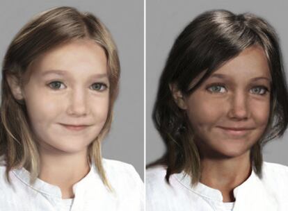 A la derecha, imágenes creadas por ordenador que muestran la posible evolución del rostro de la menor y el cambio de color de su piel, en caso de que residiese en un país de clima cálido.